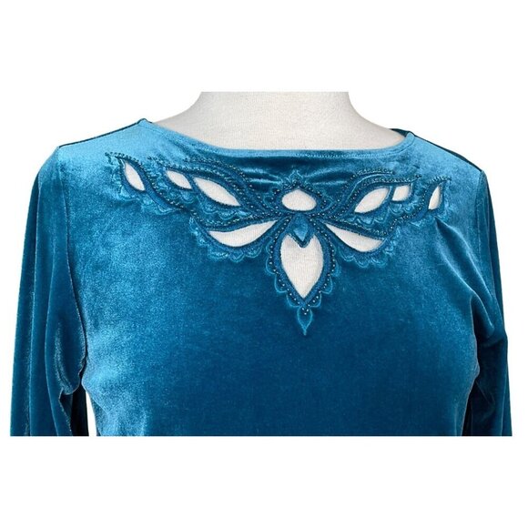 Bob Mackie Wearable Art Teal Velvet LS Vintage Top Beaded Cutwork Neckline XS - Picture 2 of 7